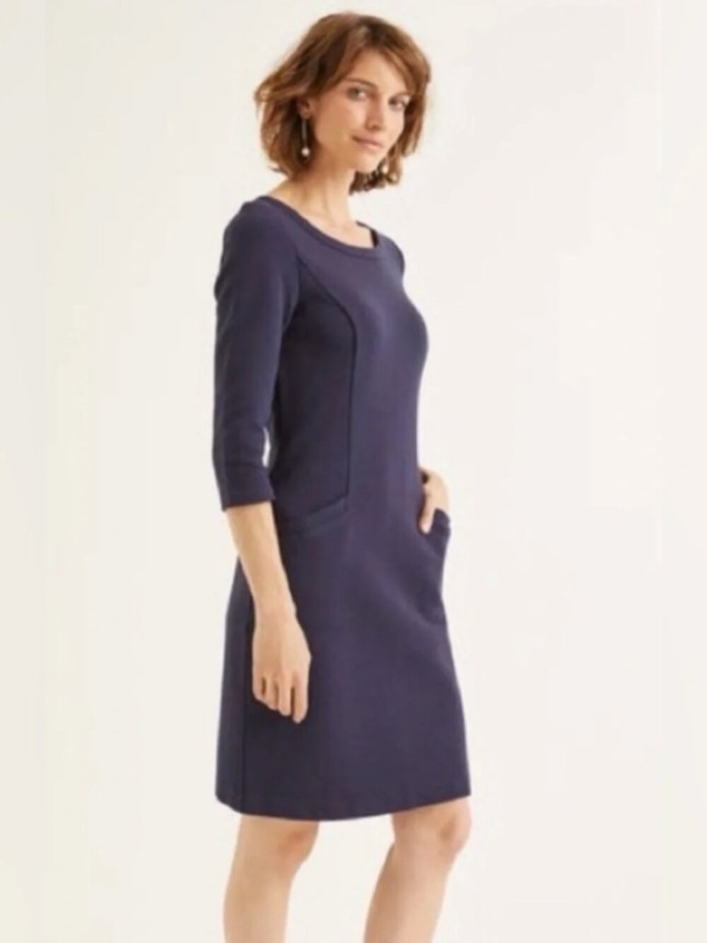 Boden Jasmine Ottoman Shift Dress Pockets 3/4 Sleeves Ribbed Navy Blue Size 6
